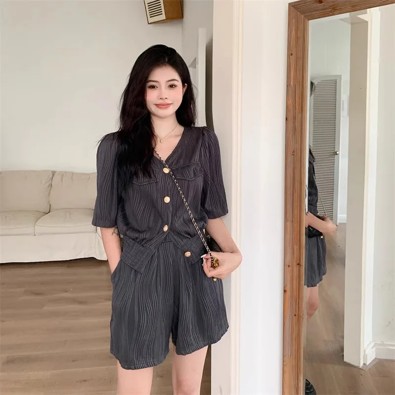 Women Sets Short-sleeved Shirt Elastic Waist Shorts 2pcs Daily Casual Fake Pockets Design Popular Classic Summer Trendy Ulzzang