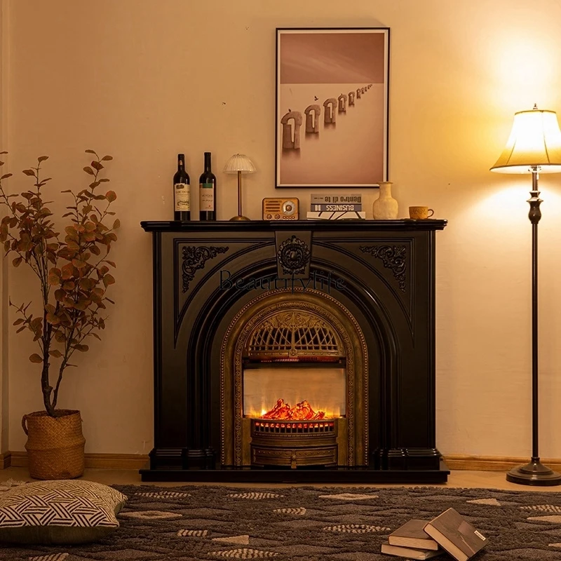 

High-end French retro solid wood fireplace cabinet, entrance cabinet simulation fire
