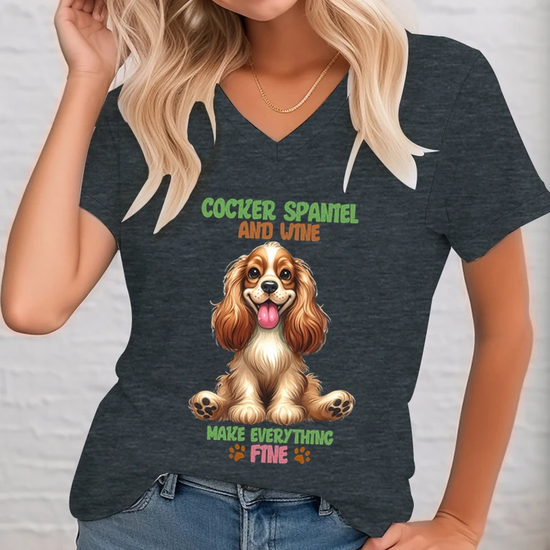 Women\'s Cute Spaniel T-Shirt Summer Cartoon Short Sleeve Tshirt Dog Paw Funny Design Loose V-Neck Tshirt Cocker Dog Lovers Tees