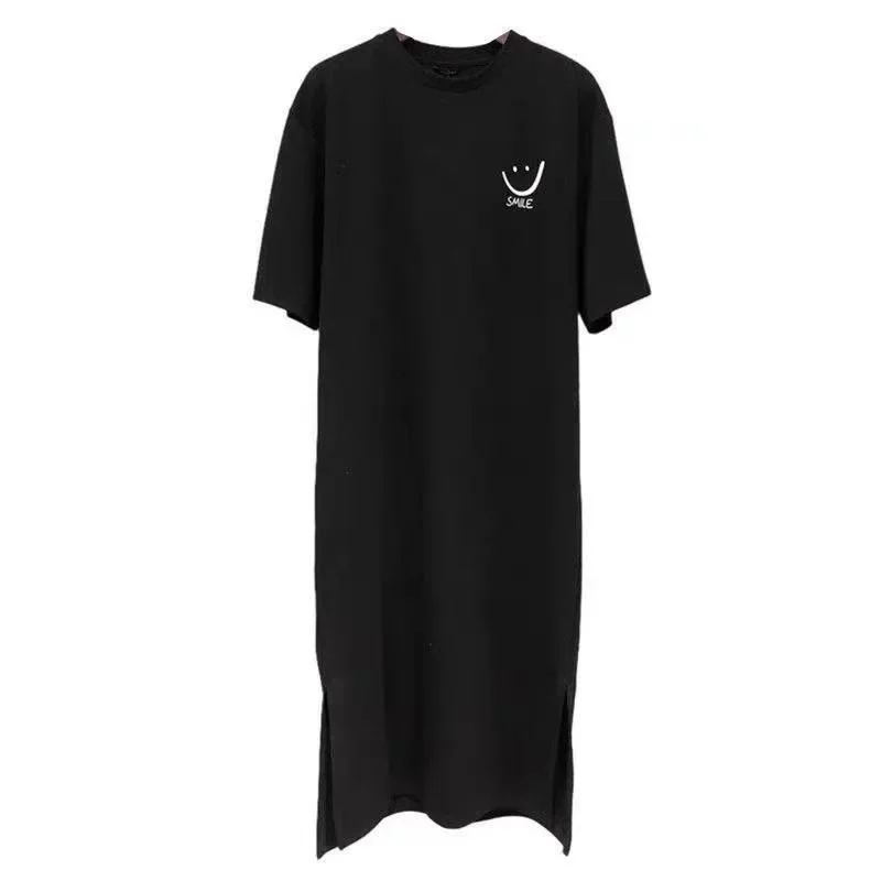 2025 Plus Size Summer Women's Smiley Side-Slit T-Shirt - Casual Loose Fit Dress
