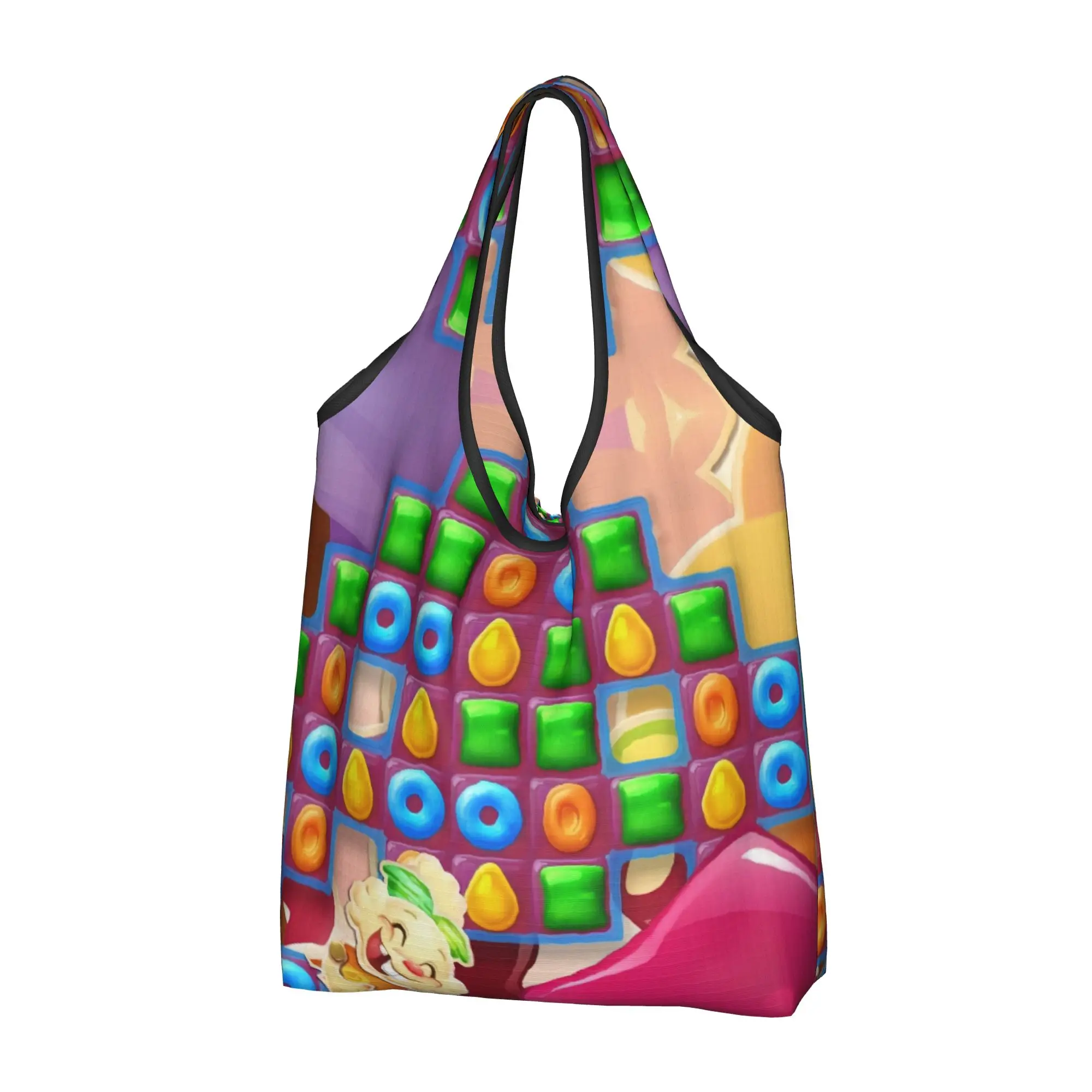 Colorful Candy Crush Saga  Groceries Tote Shopping Bags Women Kawaii Video Game  Shoulder Shopper Bags Large Capacity Handbags