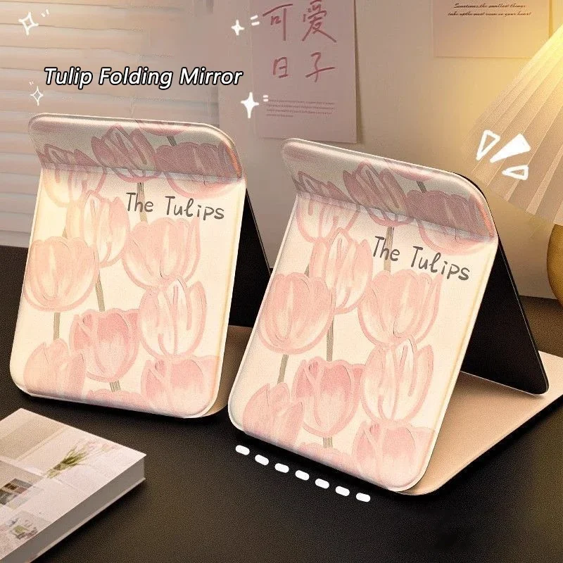1PC Desktop Makeup Mirror Solid Color Simple Portable Handheld Makeup Mirror Foldable Student Compact Cute Pocket Mirror