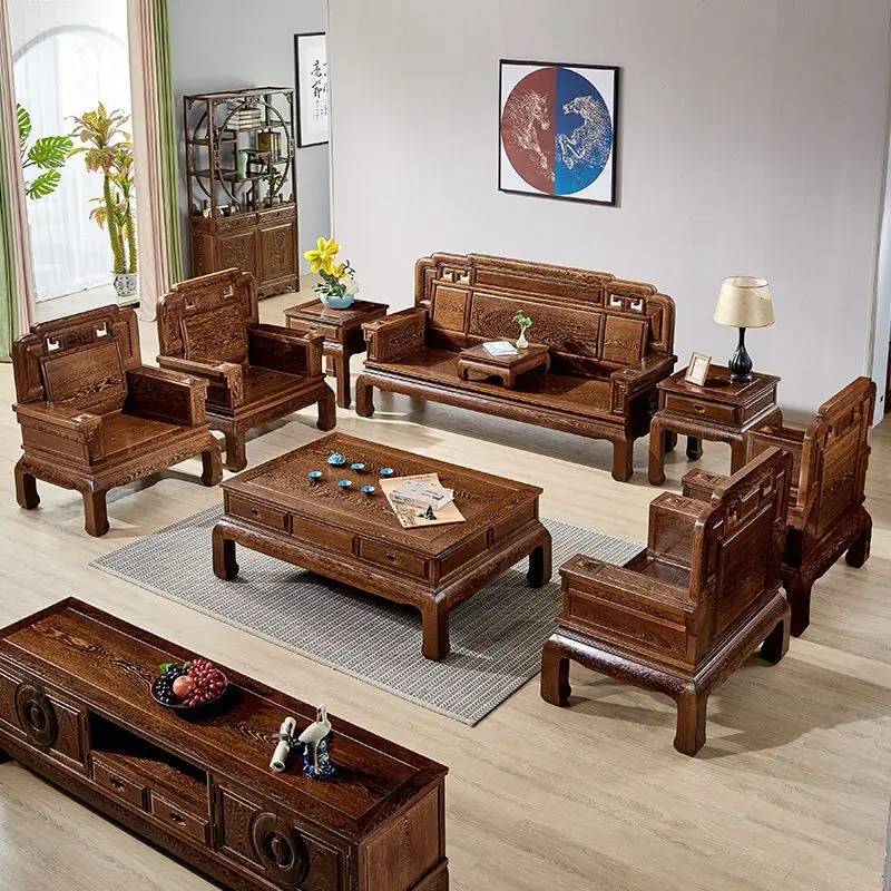 

Mahogany furniture chicken wing wood sofa combination Chinese solid wood sofa household living room new Chinese sofa no filler