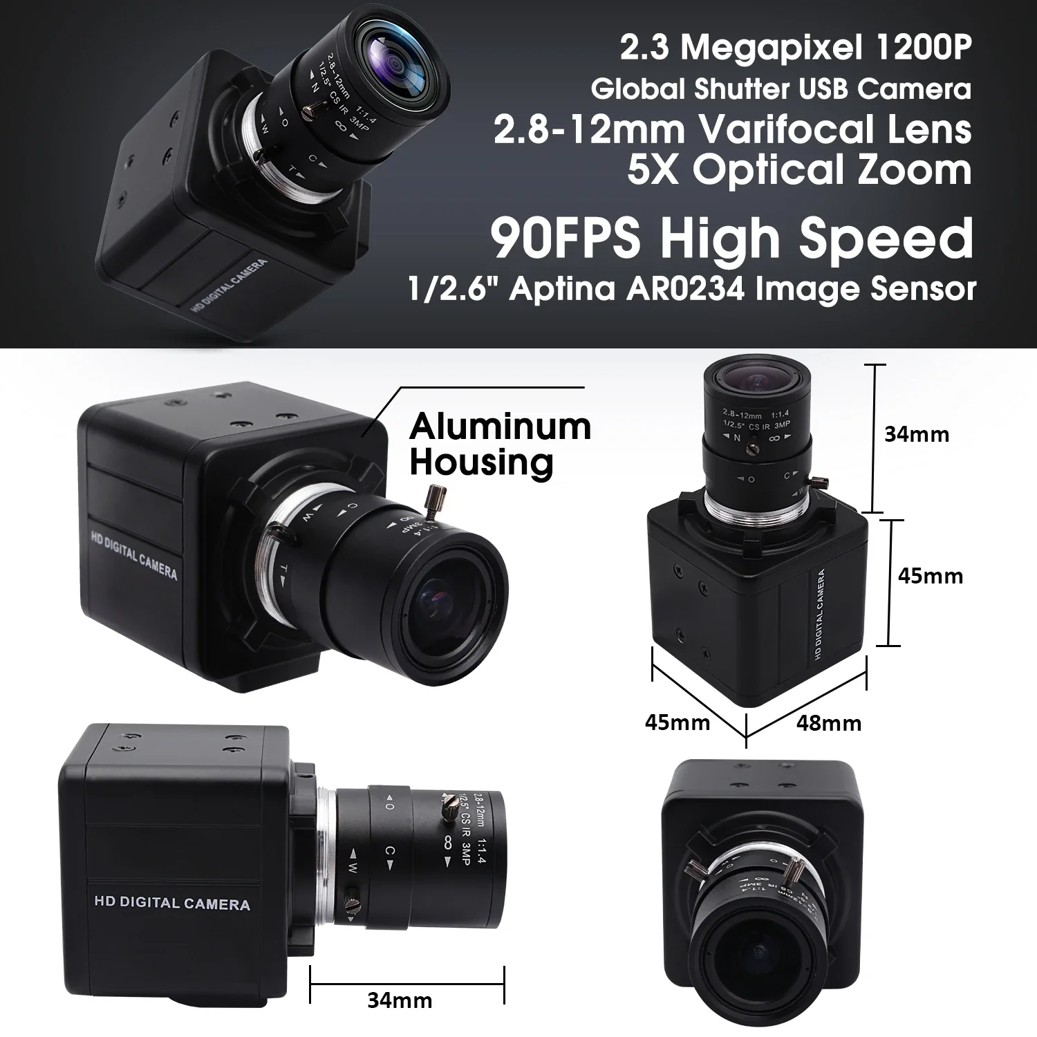 2026 ELP High Speed 90FPS 2.3MP 1080P USB Webcam UVC AR0234 Global Shutter USB Computer Camera For PC With 2.8-12mm Varifocal Le