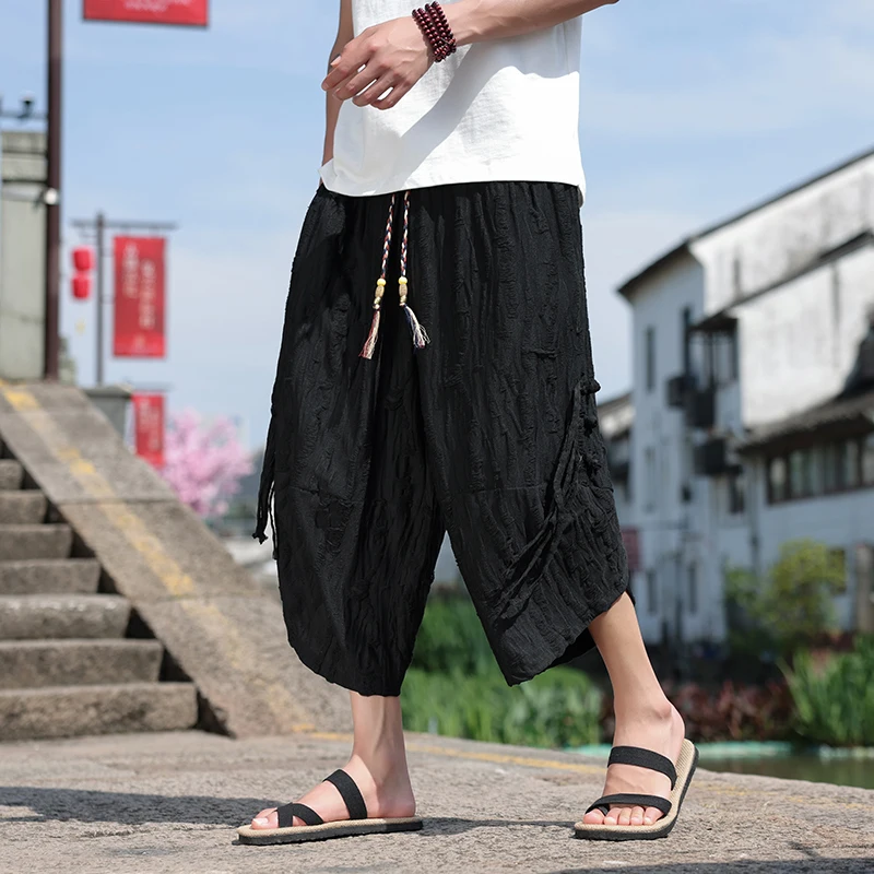 2024 Summer Men's Chinese Style Casual Pants Trendy High Street Piercing Pan Buckle Seven Quarter Pants Hombre Loose Large Pants