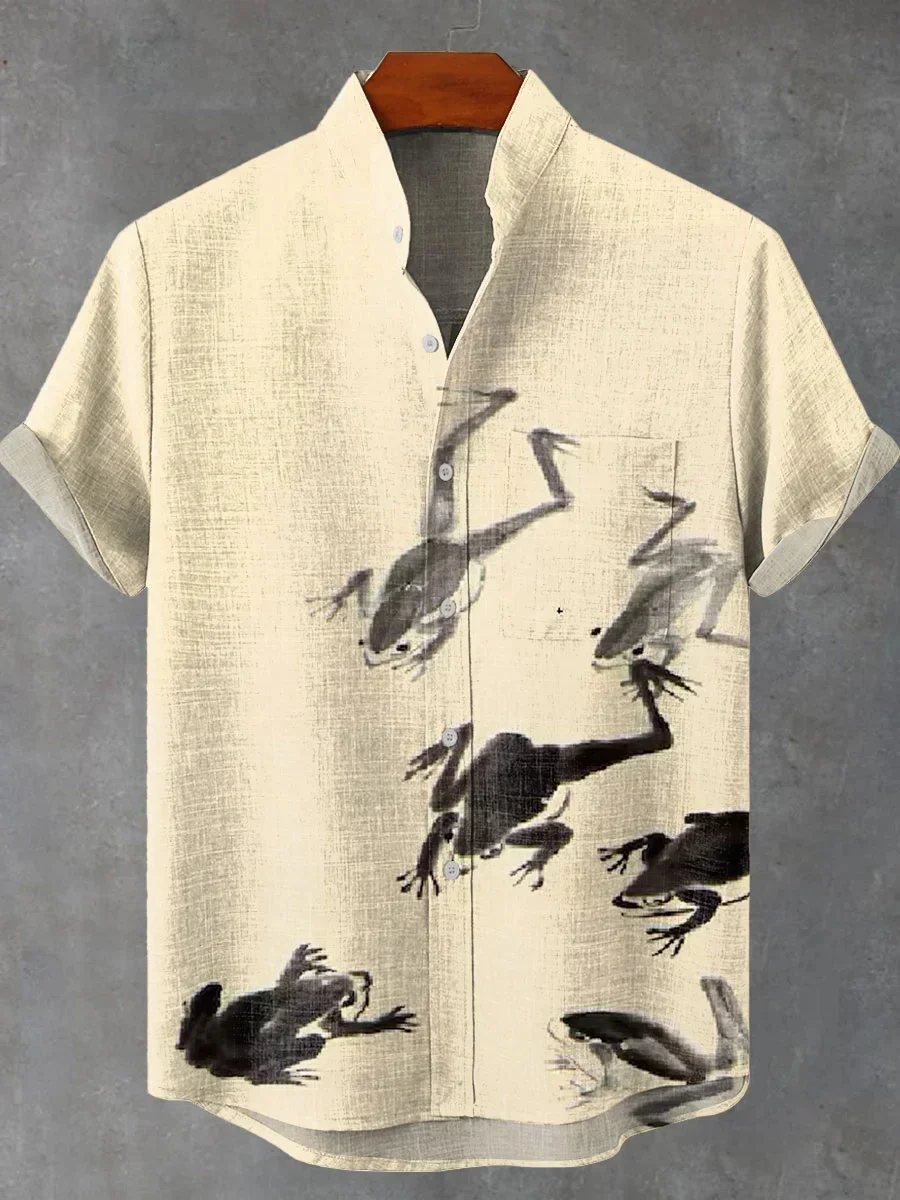 2025 Summer Japanese Frog Vintage Art 3D Printed Casual Fashion Linen Men's Stand Collar Short Sleeve T-Shirt Men's Shirt Top