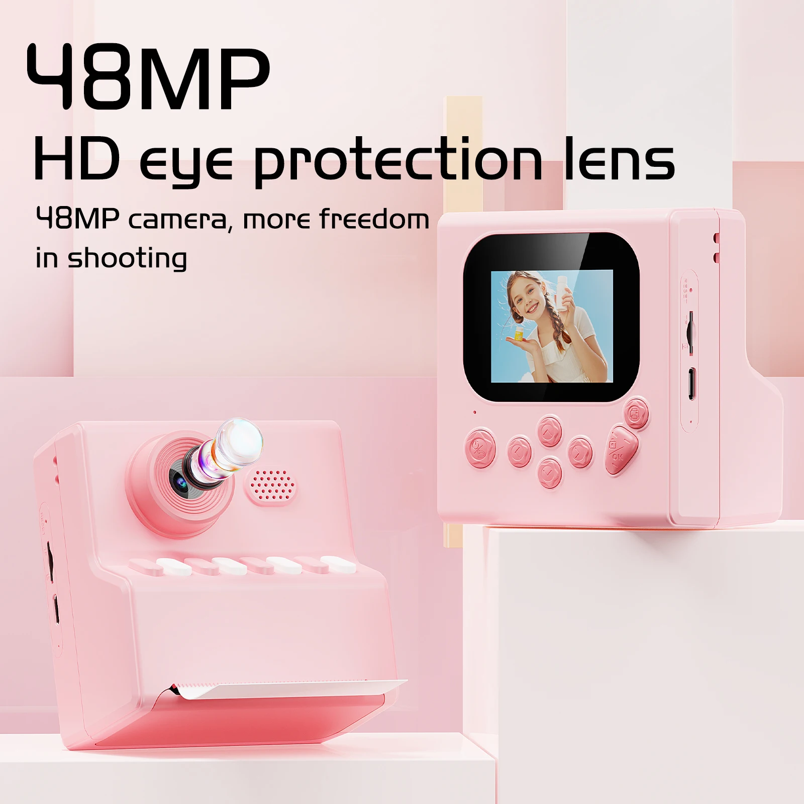 Câmera infantil câmera instantânea de 48MP com papel de impressão de 3 volumes 1080P câmera digital presentes para meninas meninos de 3 a 12 anos