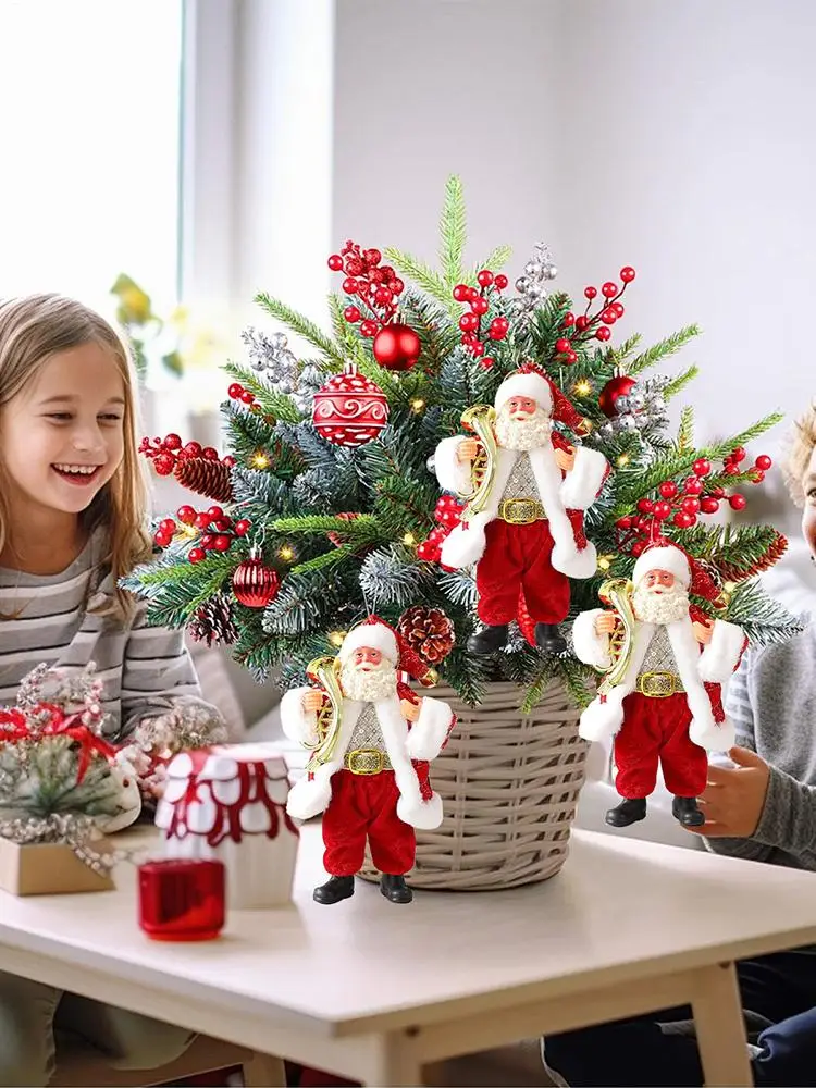 7 Inch Christmas Ornament Santa Claus Figurines Festive Santa Statue Holding Instruments for Tree Shelf Window Table Indoor