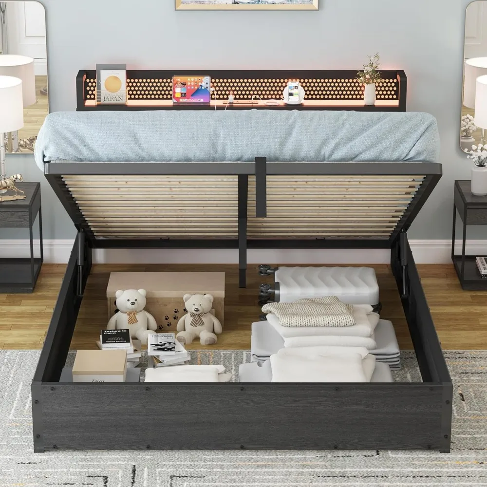 

Bed Frame with Linen Upholstered & LED Light & Storage Headboard, Platform Bed Frame with Charging Station, No Box