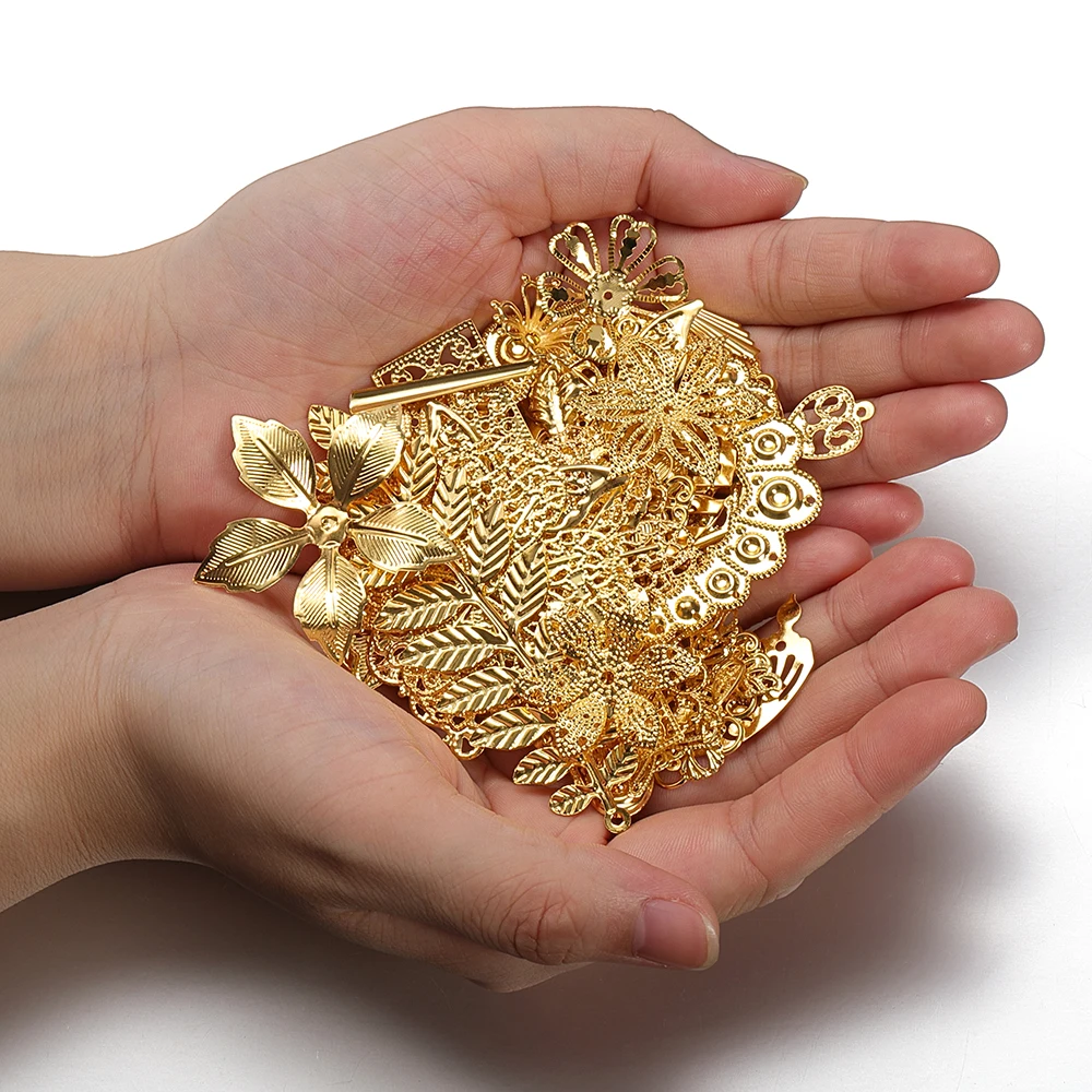 50g Mixed Metal Flower Leaf Hollow Connector Pendant Bead Hat for DIY Round Fan Antique Style Hair Accessories and Clothing