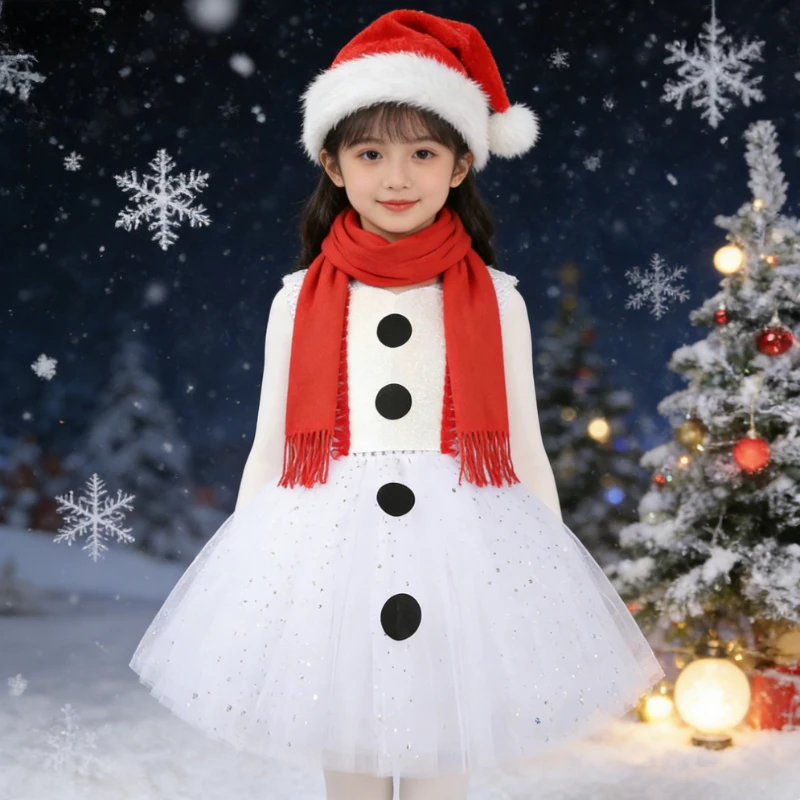 

Sparkly White Snowman Costumes for Girls Xmas Holiday Outfit New Years Clothes Gifts Kids Christmas Tutu Dress with Hat Scarf