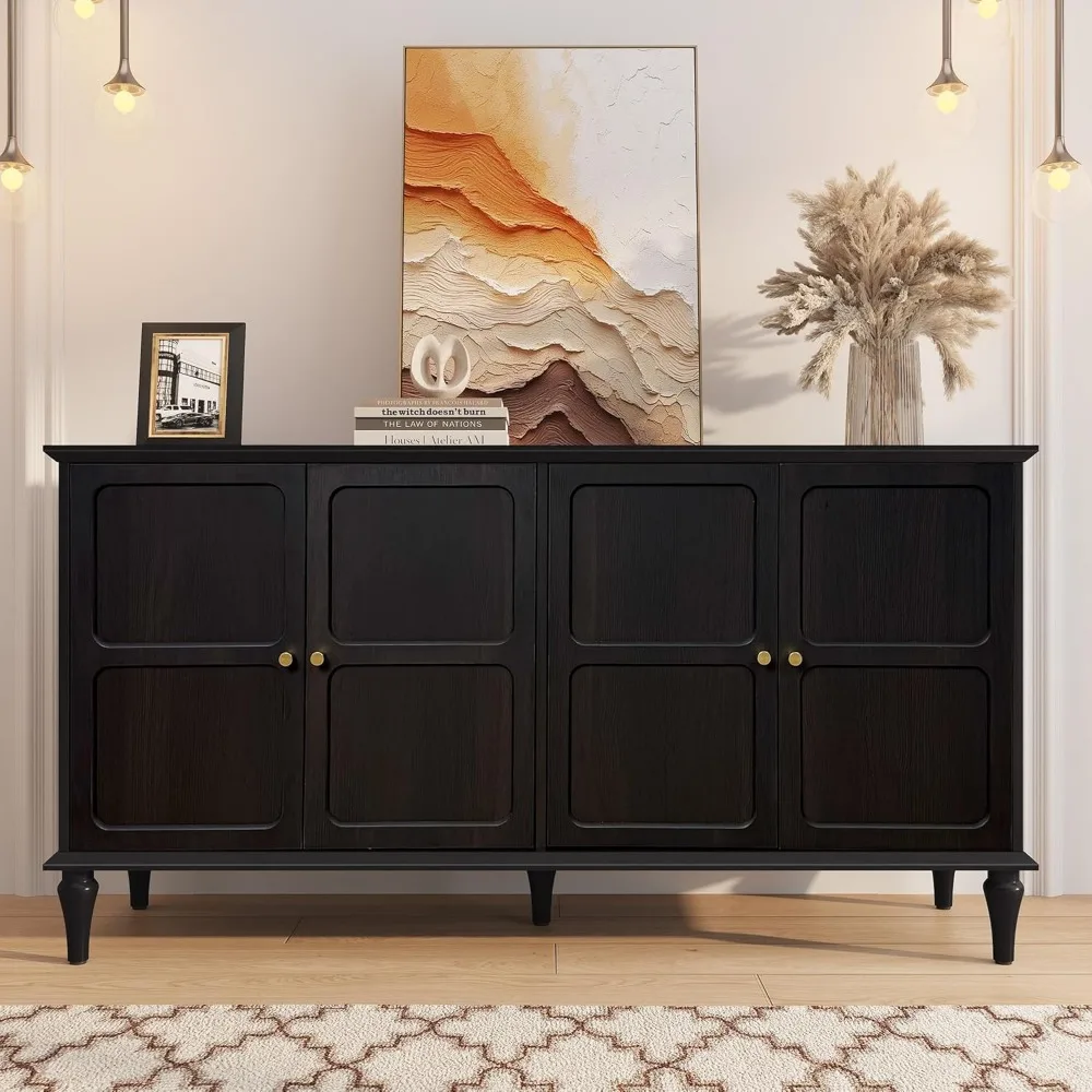 

58'' Mid-Century Modern Buffet Storage Cabinet with 4 Doors and Adjustable Shelves, Accent Style Sideboard for Entryway