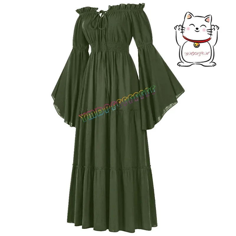 In stock medieval one collar open shoulder lotus leaf edge cosplay long sleeved Renaissance and floor length skirt Ha