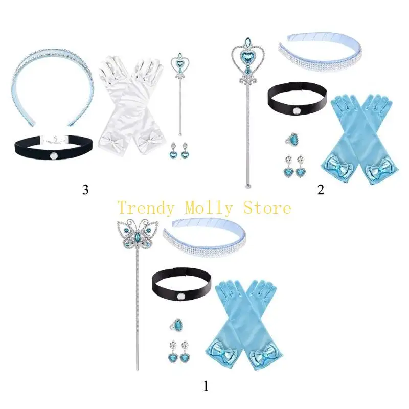 

N5KB Платье принцессы Аксессуары Костюм принцессы Корона Палочка Ожерелье Набор браслетов