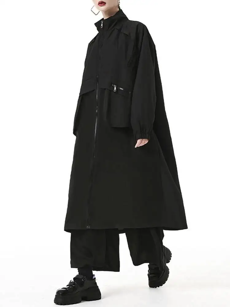 여성 육군 녹색 포켓 빅 사이즈 롱 트렌치 새로운 스탠드 칼라 긴 소매 윈드 브레이커 패션 봄 가을