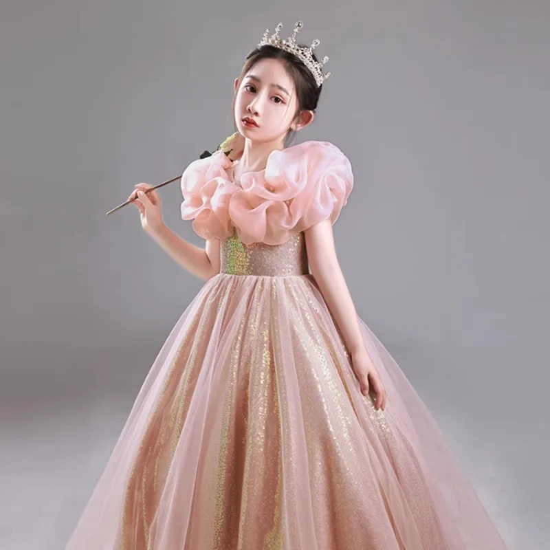 

Розовое платье принцессы для девочек, детское платье для выступлений на день рождения для маленьких девочек, пышное платье для выступлений на фортепиано
