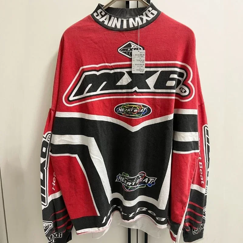 25ss Neue Männer Frauen Übergroße Saint Sweatshirts Retro Rot Weiß Gespleißt Racing Auto Gewaschen