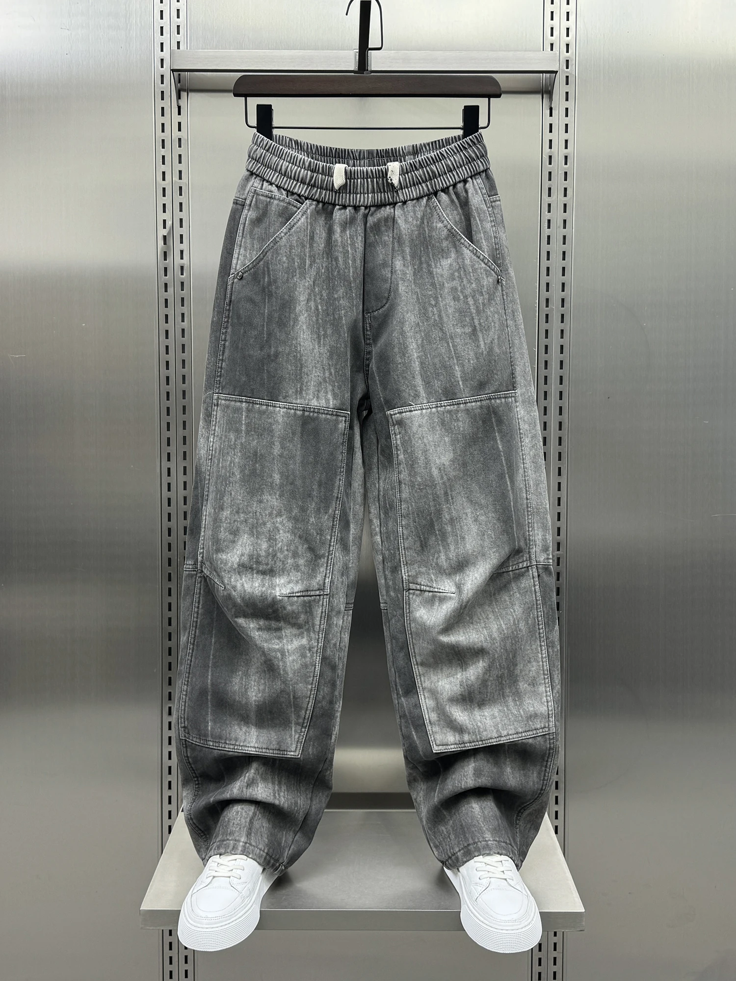 

Американские повседневные брюки High Street на подкладке с широкими штанинами, мужские осенне-зимние новые трендовые брендовые лоскутные брюки свободного покроя с завышенной талией