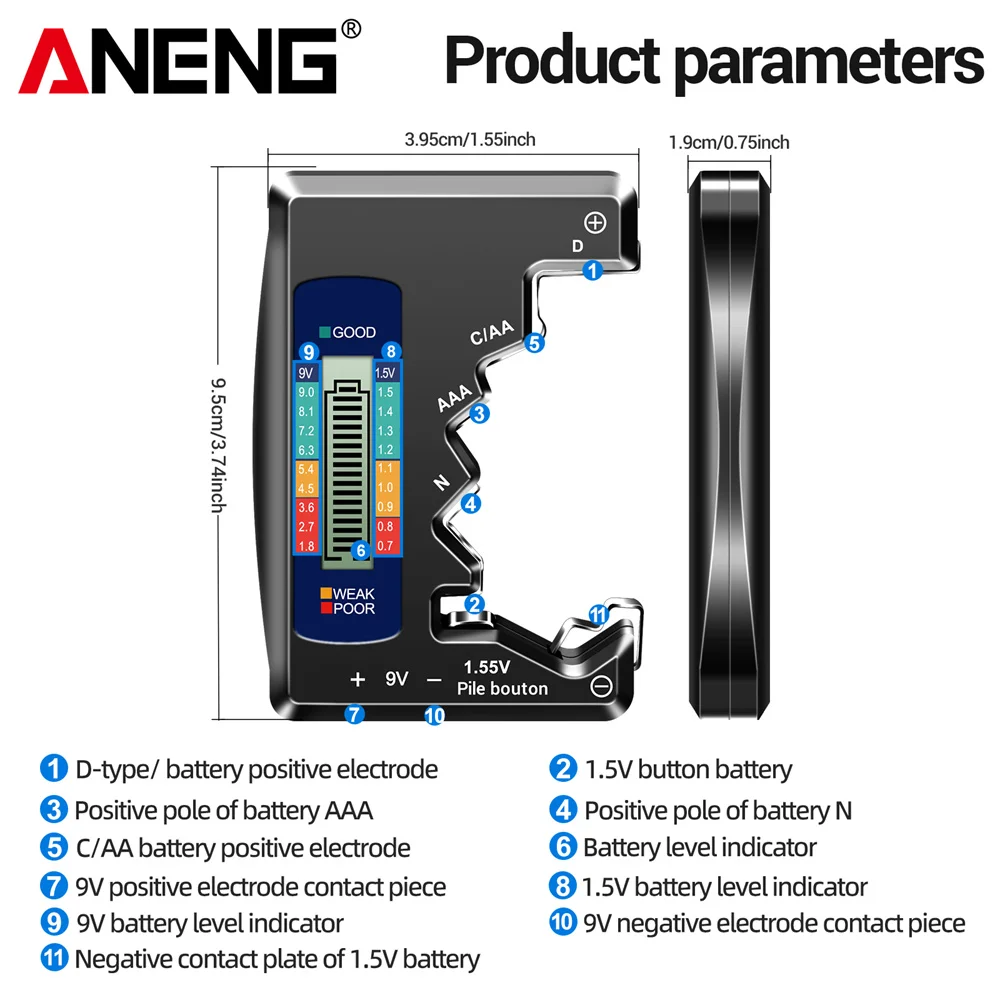 ANENG LCD affichage C AA AAA D N 9V 1.55V universel bouton pile testeur Volt capacité contrôle détecteur capacité outil