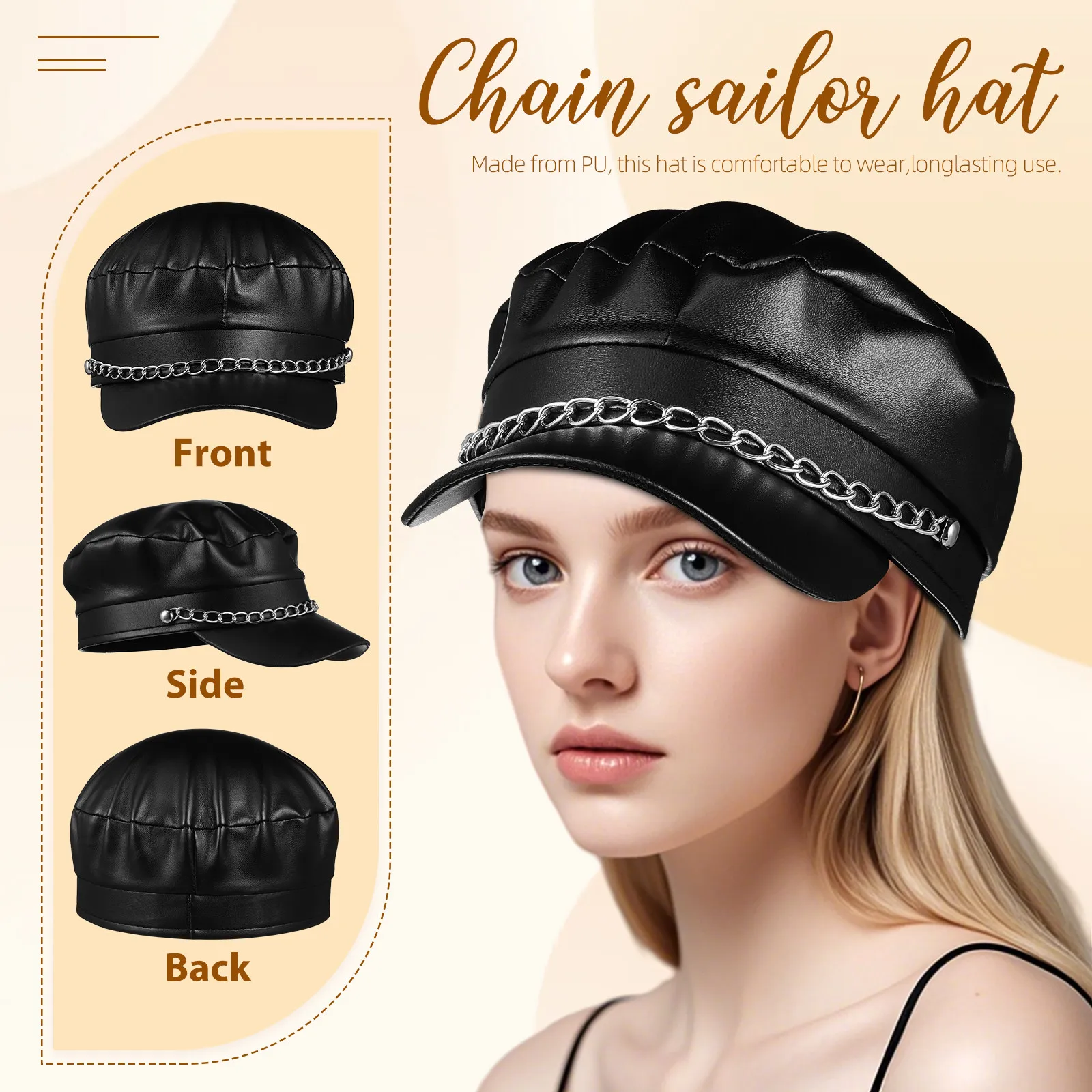 Black PU Sailor Hat Vintage Style Flat Top Short Brim with Decorative Iron Chain Unisex Newsboy Cap Costume Party Halloween