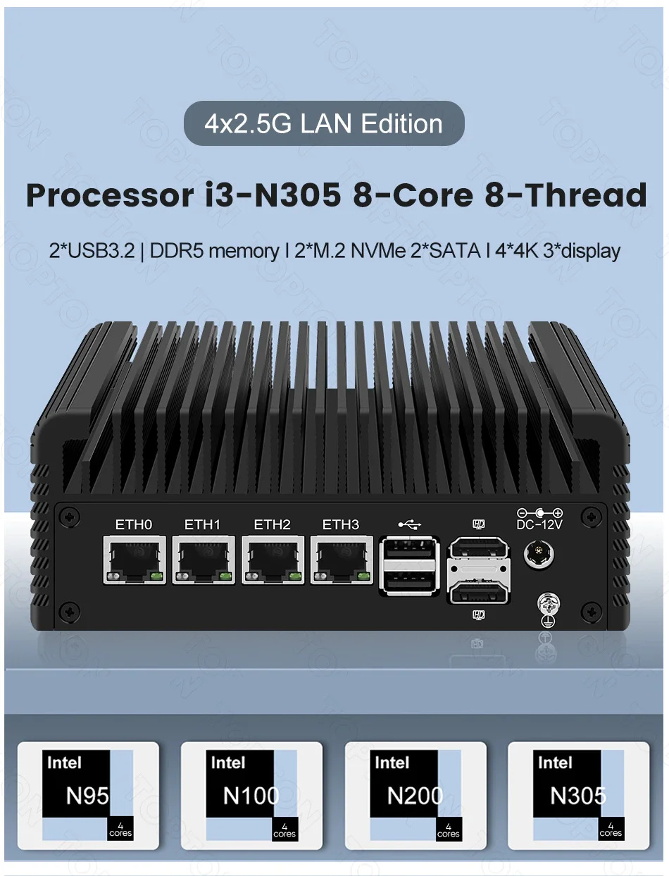 Fanless N150 i3 N355 Industrial Mini PC Firewall Appliance 4*2.5Gbe i225 LAN POE 2xHDMI2.1 1xDP1.4 1xType-C Home Network Pfsense