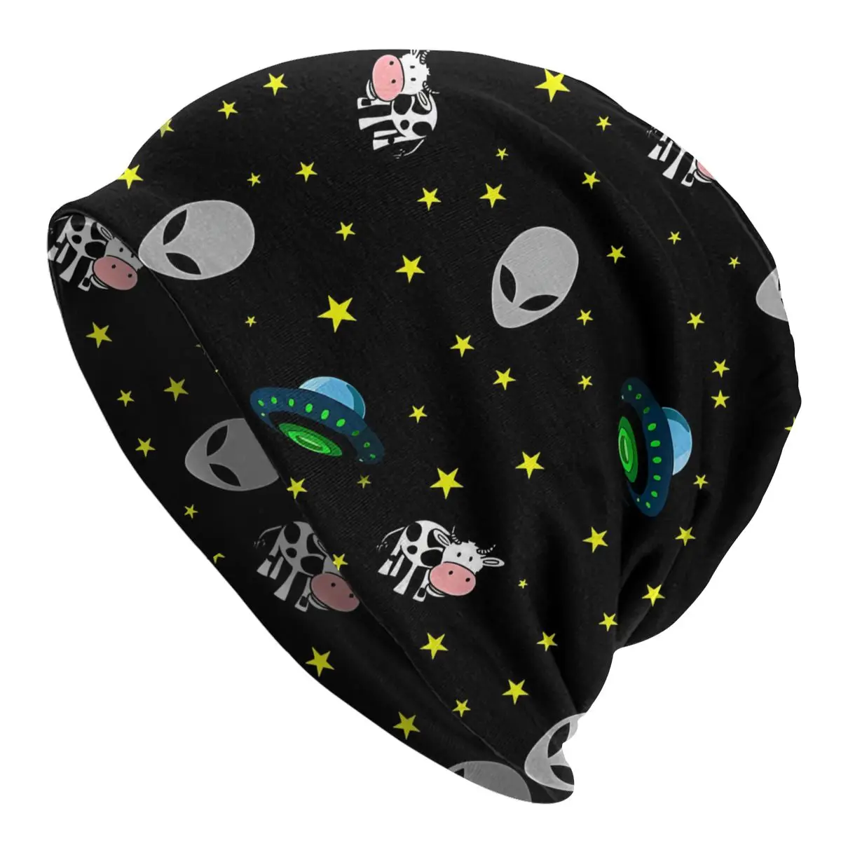 Bonnet Hats Alien And UFO Men Women's Stars Pattern Black Background Thin Cap Hip Hop Skullies Beanies Caps