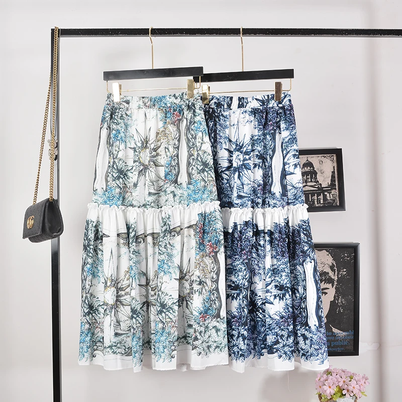 

Summer Ethnic Sle Retro Print High Waist Blue Women's Midi Skirt Chiffon Slimming Commuter A-Line Skirt Korean Sle