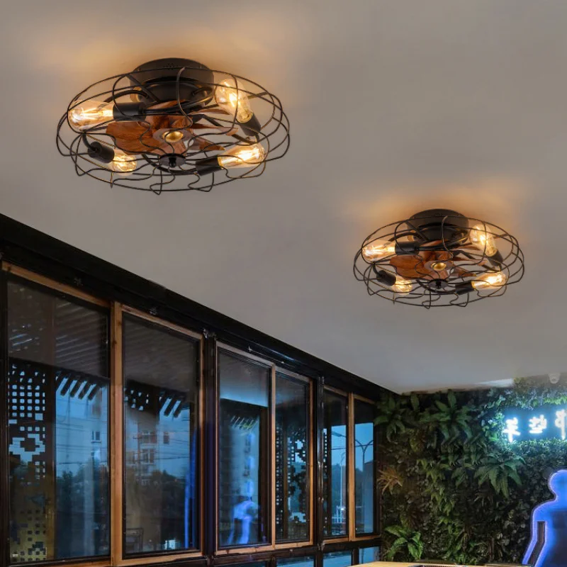 

Retro ceiling bedroom fan light Invisible American industrial wind remote control Dining room ceiling light Wrought iron ceiling