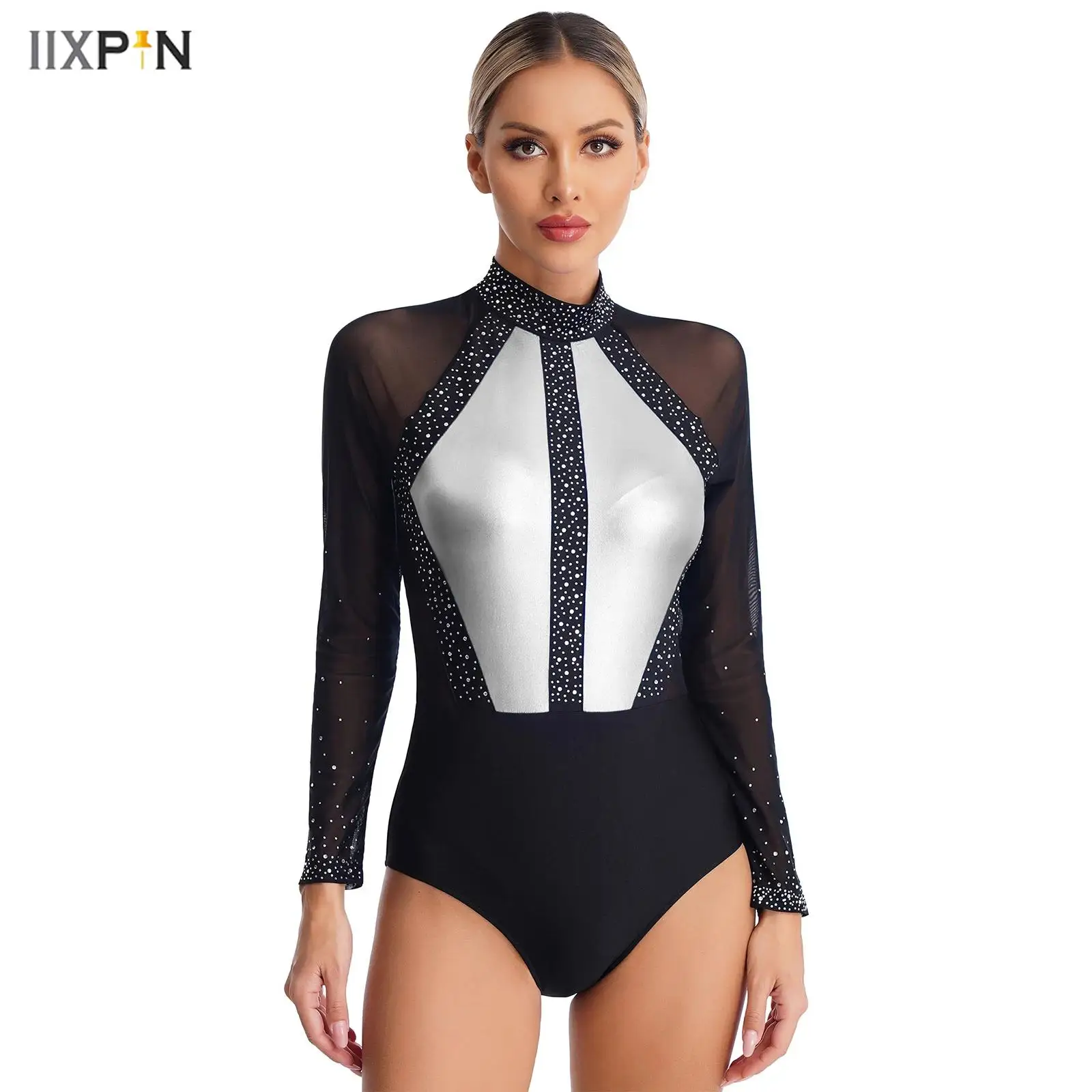 

Womens Gymnastics Leotard Figure Skating Dancewear Long Sleeve Shiny Rhinestones Sheer Mesh Patchwork Bodysuit Ballerina 2025