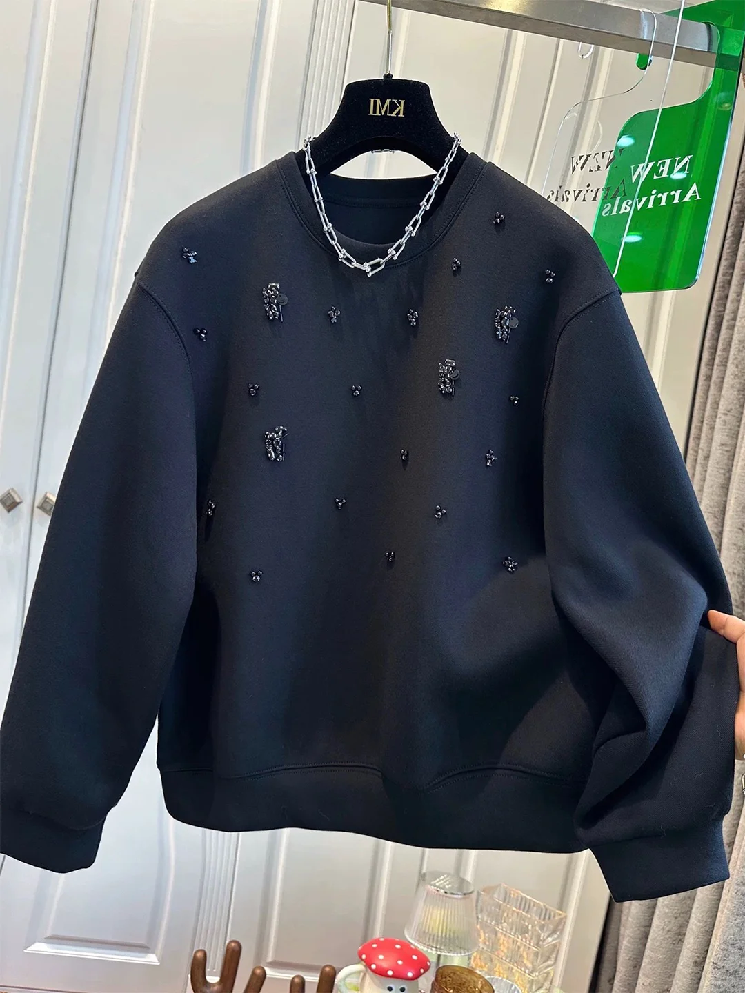 

Extra Large 240 Pounds Design Sense Heavy Embellished round Neck Sweatshirt Women's Autumn Winter Loose Slimming Versatile Top