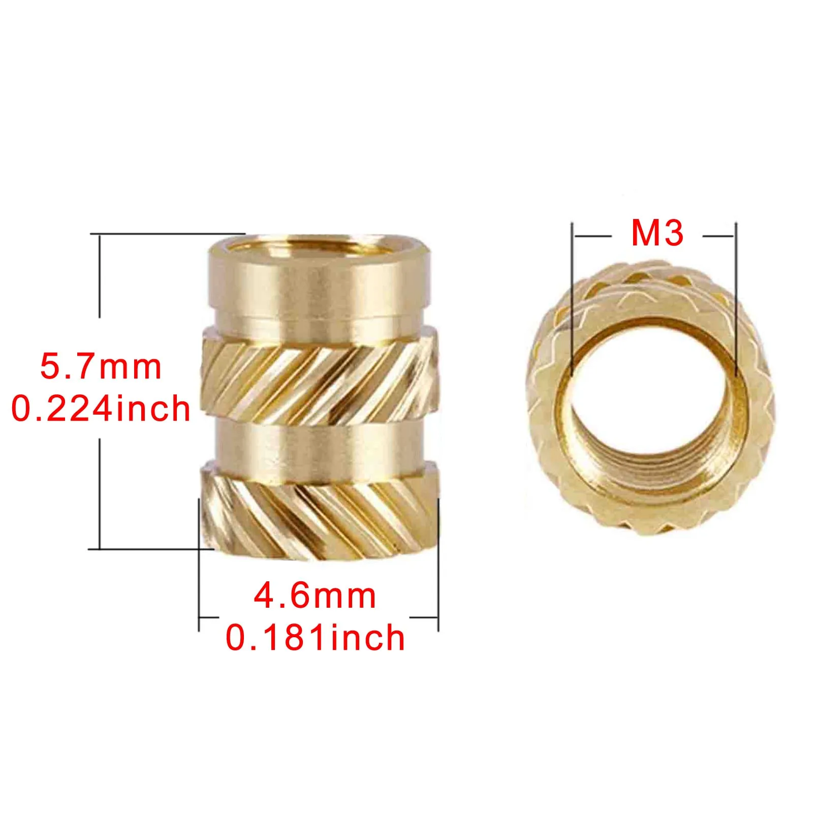 50 Stück M3 x 5,7 x 4,6 Gewinde gerändelt Messing Kupfer 3D-Drucker Hot Melt Wärme Spritzguss Einsatz Einbettmutter ID 3 mm Außendurchmesser 4,6 mm H 5,7 mm – Detail 2