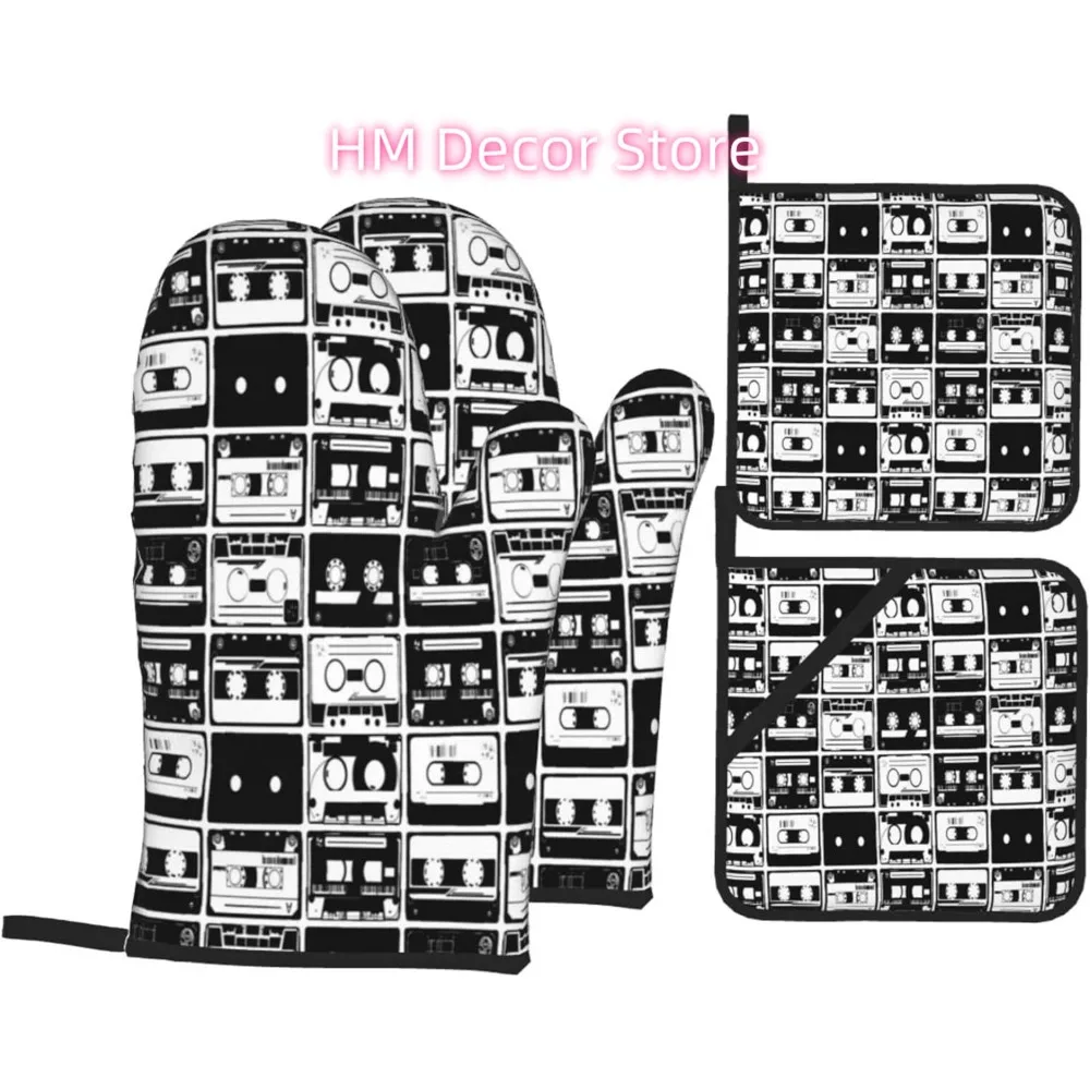 Graffiti Retro Tapes Oven Mitts and Pot Holders Sets of 4, Cooking Gloves Non-Slip Heat Resistant Polyester Country Cute Style O