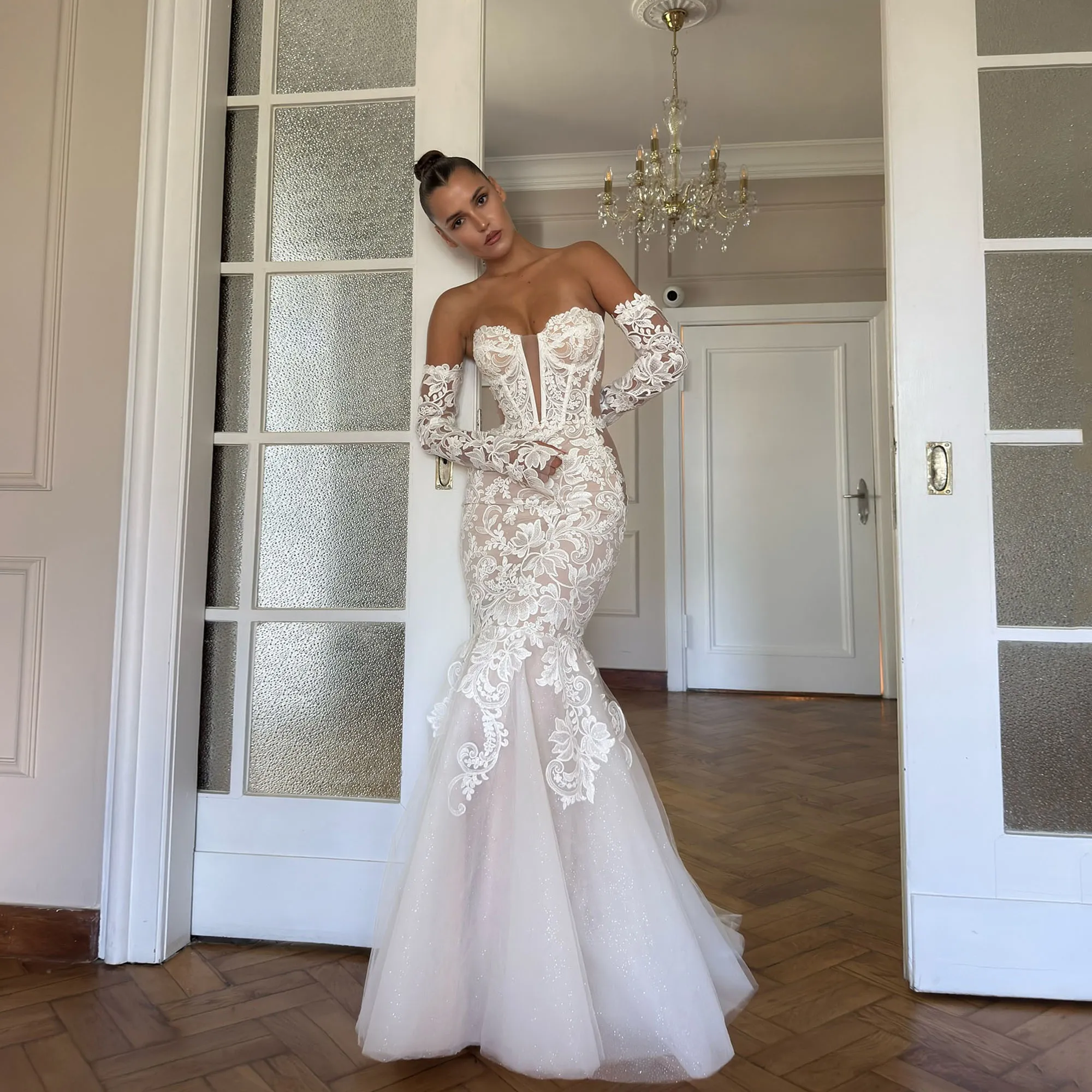 

Shiny Lace Wedding Dress Bride Long Sleeve Mermaid Sweetheart Appliques Bride Dresses Customized Vestidos De Novia Customized