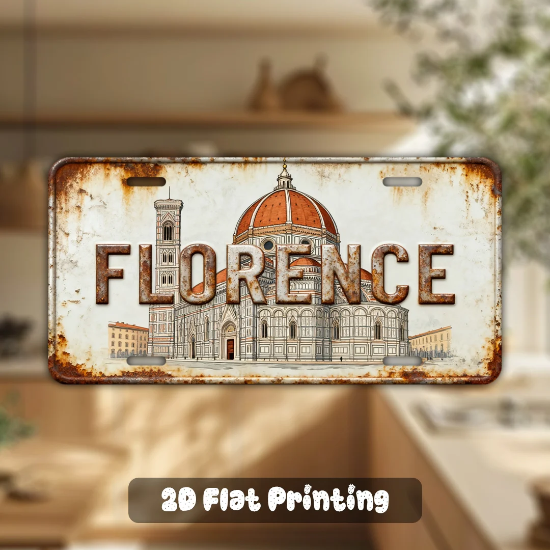 1pc Retro Florence Scenery Fridge Magnet (3.9'x1.97'), Vintage Rusty Metal Border Design, Aluminum Refrigerator Magnet, Trave