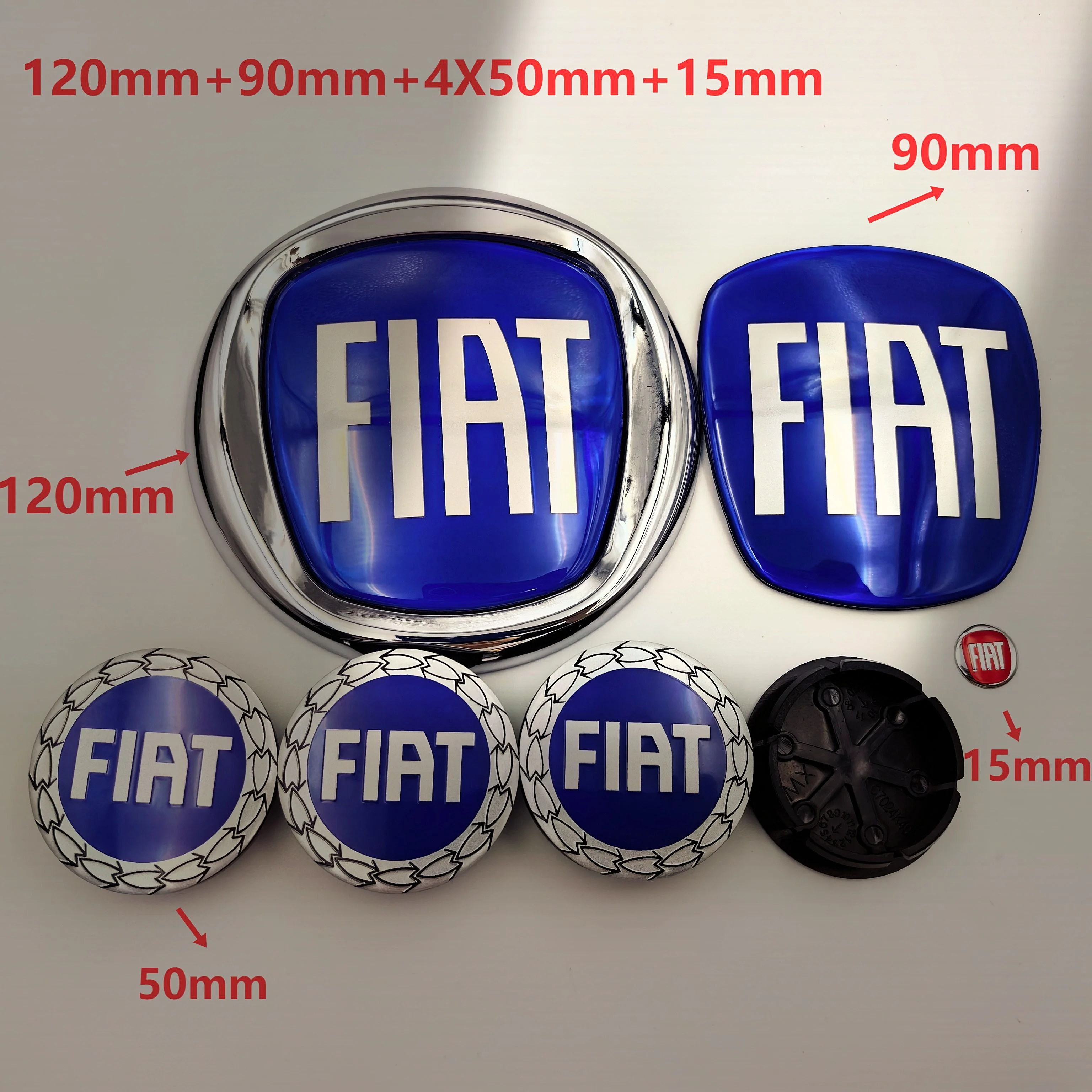 Emblema Fiat para Carro, 7 Peças, Emblema Frontal e Traseiro, Adesivo para Centro de Roda 90/120mm, Adesivo para Cubo de Roda 50/56/60mm