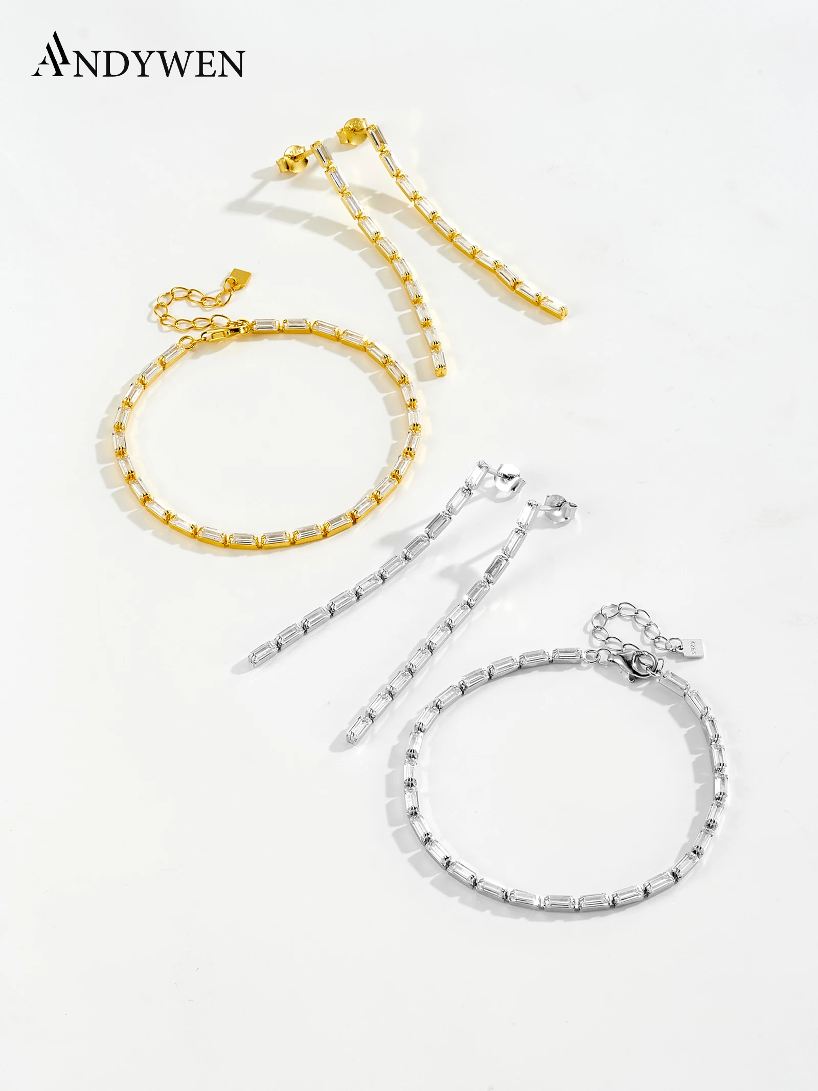 

ANDYWEN 925 Серебряный браслет и серьги с цирконием, дизайн цепочки с цирконием, элегантная подарочная коробка для ювелирных изделий для женщин, универсальная повседневная одежда