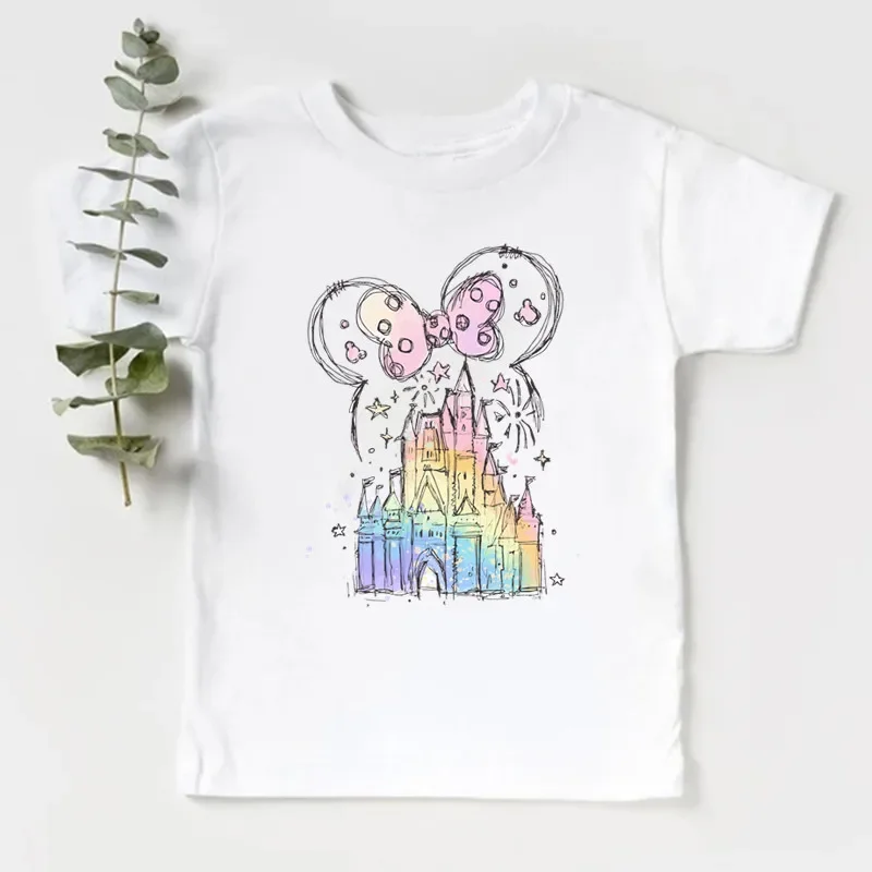 

2025 Summer New Fashion Children's Clothing Girl Clothes 2 to 8 Years Disney Castle Print Cotton Short Sleeve Kids Tshirt