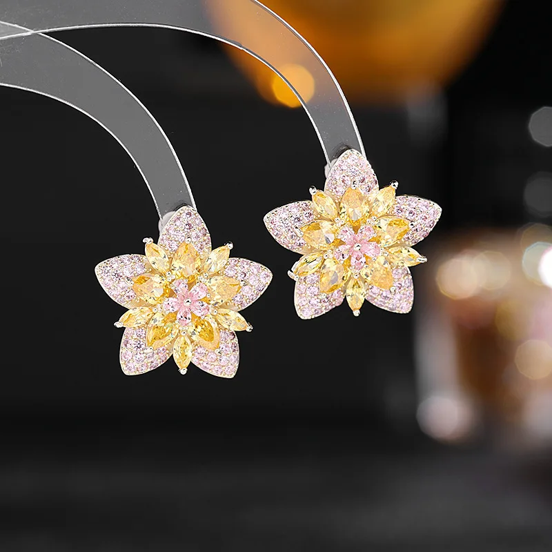 Gorgeous Two-Tiered Star Shaped Five Petal Burnt Orange Green Flower Stud Earrings for Daily Wear