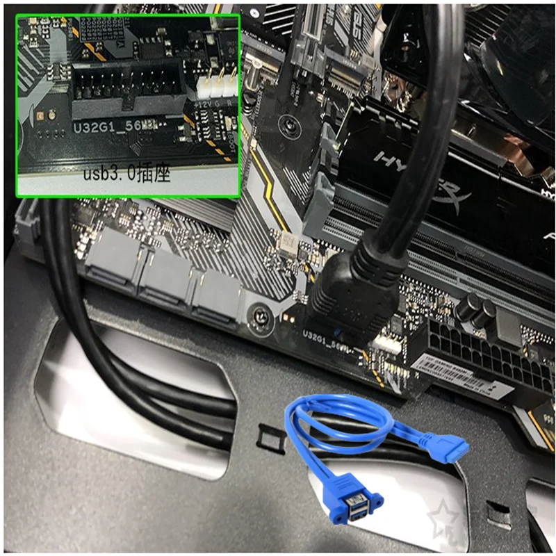 Stackable USB 3.0 Female Panel Type to Motherboard 20Pin Header  Dual Ports 30cm Cable 50cm