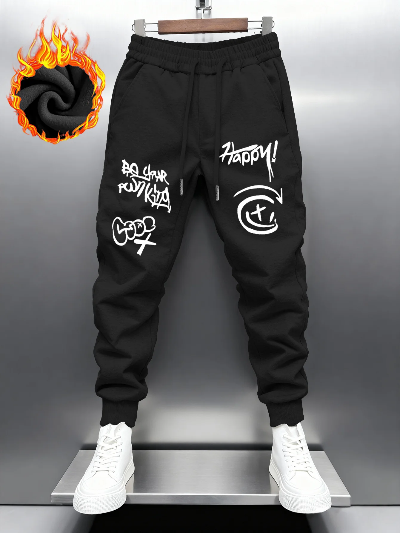 Casual street‑wear messy hand‑drawn graffiti smile sign quote artwork printed sweatpants men hip hop sports casual jogger pants