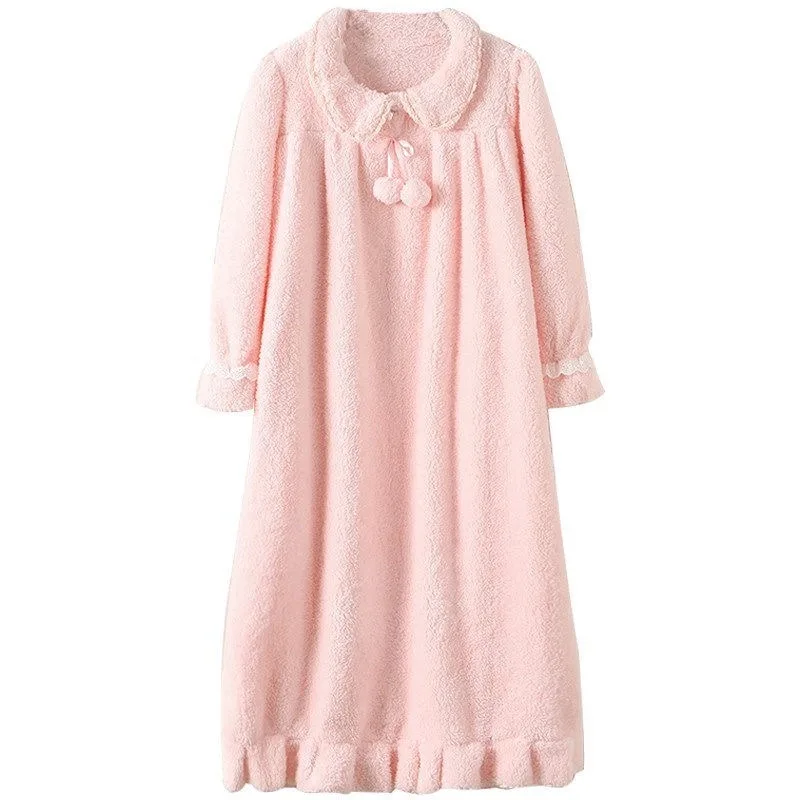 Long Loose Nightgowns Women Coral Fleece Velvet Thick Warm Winter Homewear Nightdress Baggy Solid Sweet Lovely Elegant Female