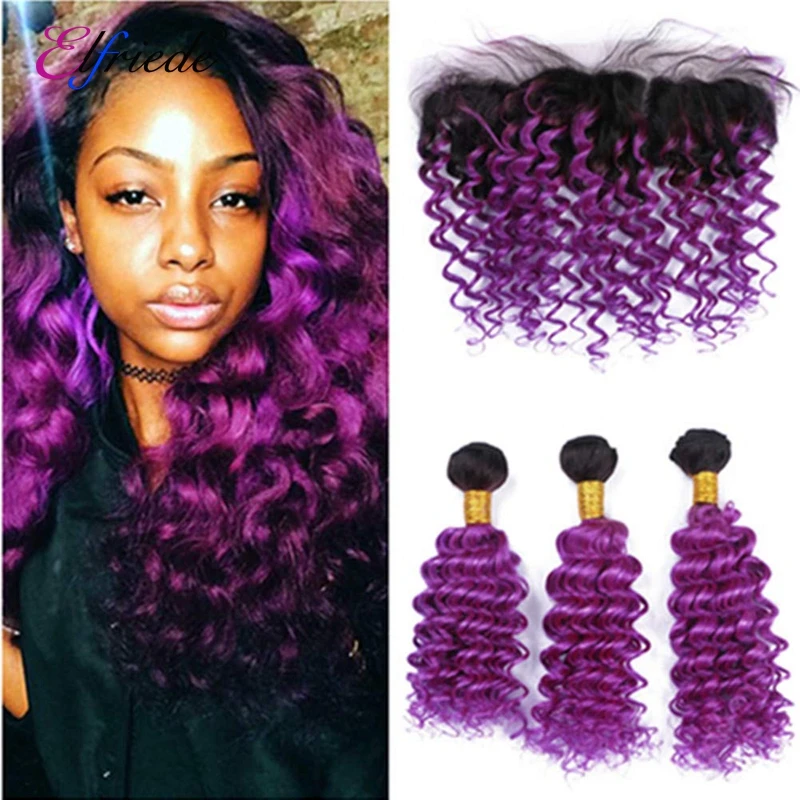 Elfriede #T1B/Purple Deep Wave Ombre Colored Hair Bundles with Frontal 100% Human Hair Weaves 3 Bundles with Lace Frontal 13x4