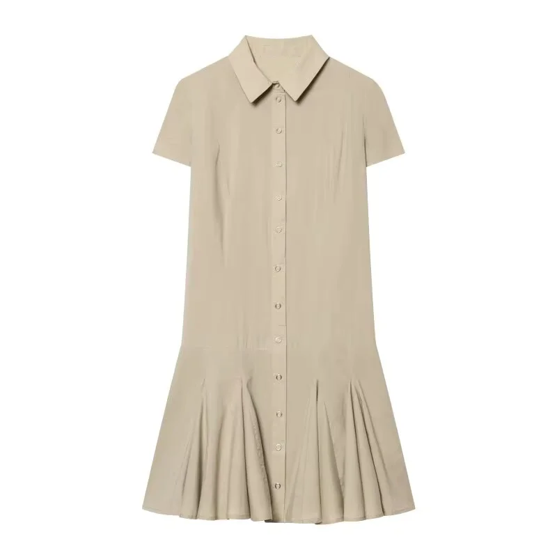 Women's Spring Summer Short Sleeve Casual Preppy Lapel Shirt Mini Dress, Button Down Design, Perfect for Daily Outings