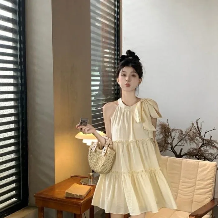 

French Gentle Style Women's Sleeveless Mini Dress Summer Solid Color Folds Halter Neck Bowknot Leace-up A-line Short Dresses