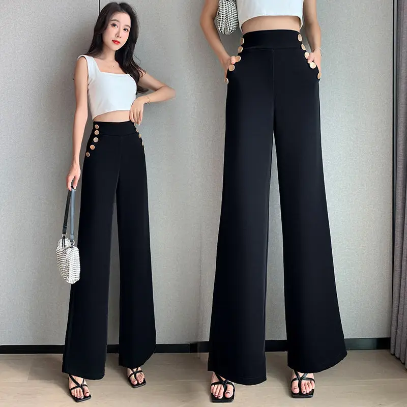 

High Waist Wide Leg Pants for Women New Loose Straight Black Long Trousers Autumn Pocket Buttons Casual Suit Female Q503