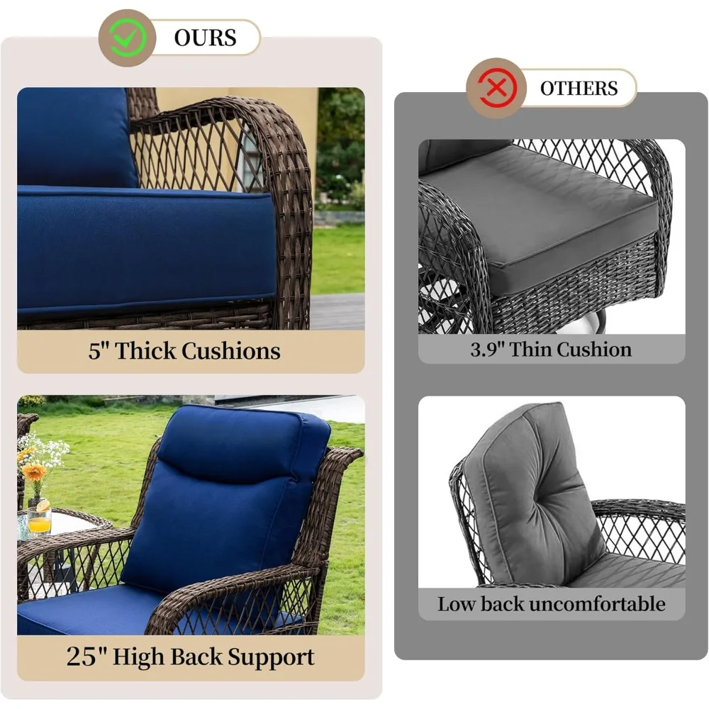 Outdoor Swivel Rocker Chairs 3 Pieces Wicker Swivel Patio Chair with Rattan Side Table, 5" Extra Thick Cushions and 25" Full Sup