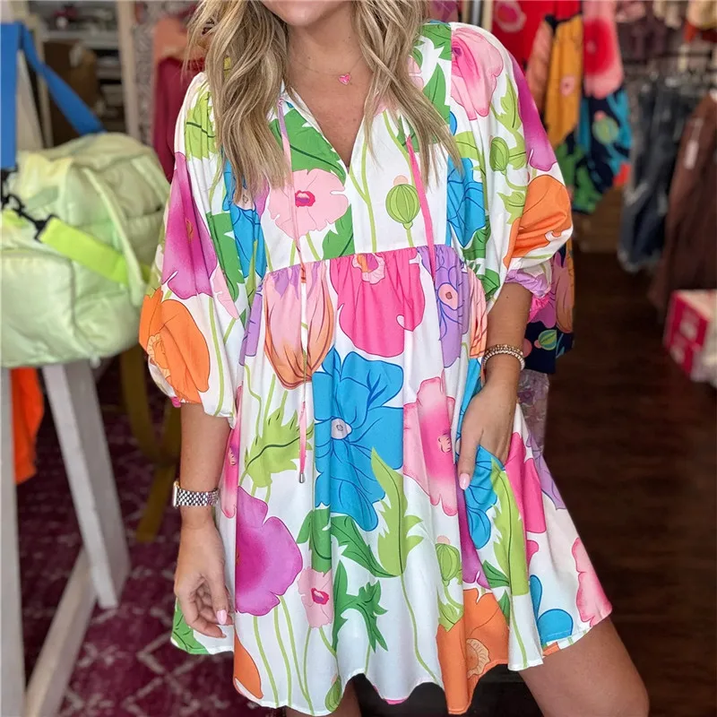 Hirigin Boho Summer Floral Sundresses Y2k t-shirt Mini abiti per le donne Casual Flowy Puff Sleeve Beach Short Babydoll Dress