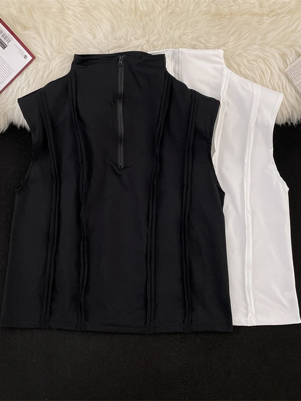 

Повседневный летний жилет с воротником-стойкой на молнии в американском ретро-стиле, свободный крой, универсальный цвет, майка-топ без рукавов