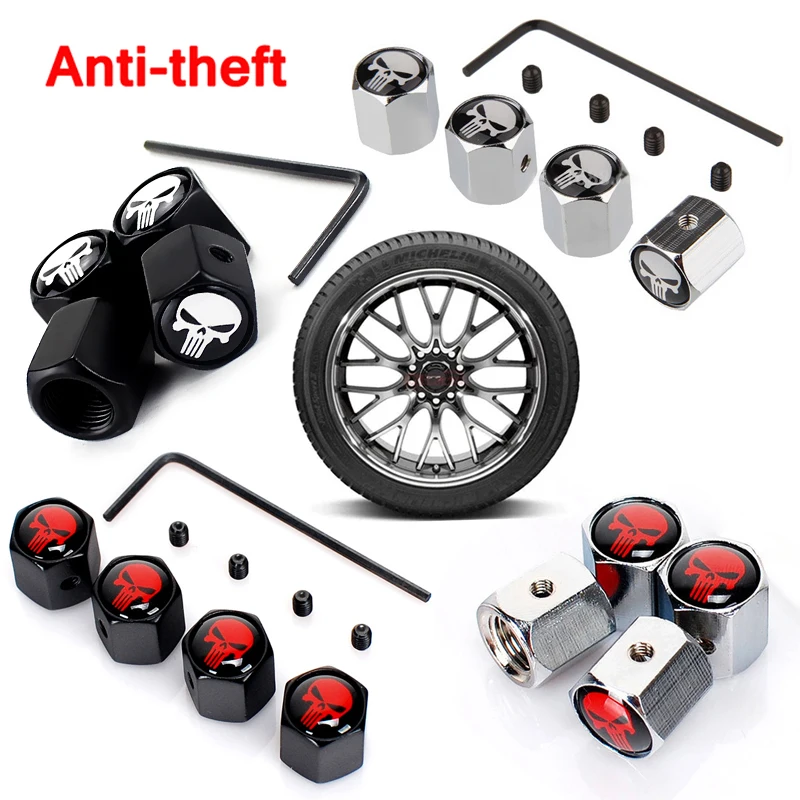 4Pcs Anti-Theft Valve Caps Aluminum Skull Valve Stem Cap Dust Proof Stem Tire Wheel Covers Nipple Cap For Car Motorcycle Bicycle