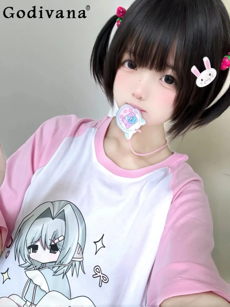 

2024 Original Mine Mass-Produced 2D Cartoon Cotton T-Shirts College Sweet Kawaii Long Pink Tees Women Summer Fashion Cute Top